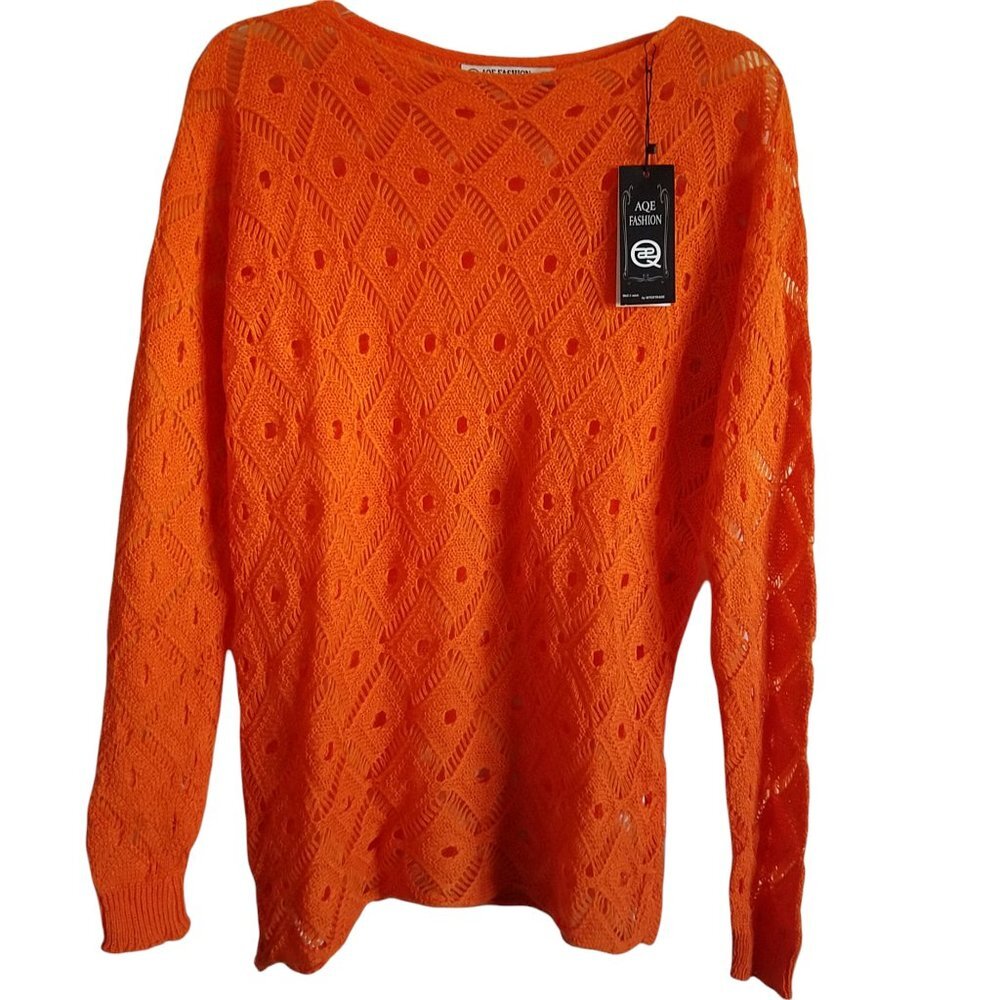 Knitted Orange Open Weave Long Sleeve Pullover Sweater‎ NWT Medium